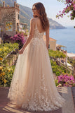 Champagne Spaghetti Straps A Line Long Prom Dress with Appliques