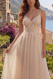 Champagne Spaghetti Straps A Line Long Prom Dress with Appliques
