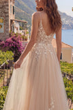 Champagne Spaghetti Straps A Line Long Prom Dress with Appliques