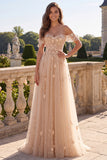 Corset A Line Off The Shoulder Champagne Prom Dress with Appliques