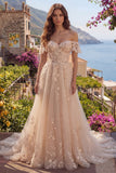 Corset A Line Off The Shoulder Champagne Prom Dress with Appliques