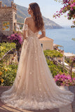 Corset A Line Off The Shoulder Champagne Prom Dress with Appliques