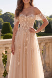 Corset A Line Off The Shoulder Champagne Prom Dress with Appliques