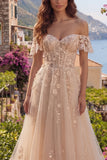 Corset A Line Off The Shoulder Champagne Prom Dress with Appliques