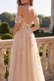 Corset A Line Off The Shoulder Champagne Prom Dress with Appliques