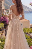 Corset A Line Off The Shoulder Champagne Prom Dress with Appliques