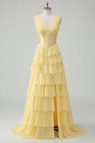 Corset V-Neck A Line Ruffled Butter Yellow Ruched Prom Dress with Slit