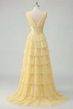 Corset V-Neck A Line Ruffled Butter Yellow Ruched Prom Dress with Slit