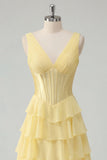 Corset V-Neck A Line Ruffled Butter Yellow Ruched Prom Dress with Slit