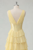 Corset V-Neck A Line Ruffled Butter Yellow Ruched Prom Dress with Slit