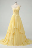 Ruched One Shoulder A Line Ruffled Butter Yellow Prom Dress with Appliques