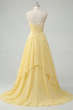 Ruched One Shoulder A Line Ruffled Butter Yellow Prom Dress with Appliques