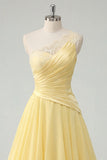 Ruched One Shoulder A Line Ruffled Butter Yellow Prom Dress with Appliques