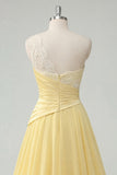 Ruched One Shoulder A Line Ruffled Butter Yellow Prom Dress with Appliques