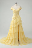 Off The Shoulder Butter Yellow A Line Ruffled Ruched Prom Dress with Slit