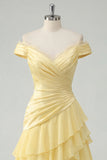 Off The Shoulder Butter Yellow A Line Ruffled Ruched Prom Dress with Slit
