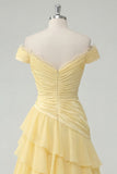 Off The Shoulder Butter Yellow A Line Ruffled Ruched Prom Dress with Slit