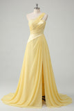Appliqued One Shoulder A Line Butter Yellow Ruched Prom Dress with Slit