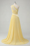Appliqued One Shoulder A Line Butter Yellow Ruched Prom Dress with Slit