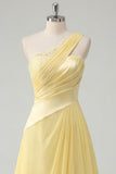 Appliqued One Shoulder A Line Butter Yellow Ruched Prom Dress with Slit