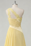 Appliqued One Shoulder A Line Butter Yellow Ruched Prom Dress with Slit