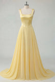 Square Neck Butter Yellow Corset A Line Pleated Prom Dress