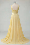 Square Neck Butter Yellow Corset A Line Pleated Prom Dress