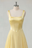 Square Neck Butter Yellow Corset A Line Pleated Prom Dress