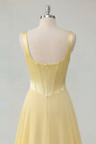 Square Neck Butter Yellow Corset A Line Pleated Prom Dress