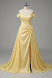 Butter Yellow A Line Off The Shoulder Ruched Appliqued Prom Dress with Slit