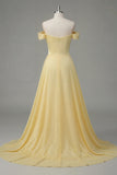 Butter Yellow A Line Off The Shoulder Ruched Appliqued Prom Dress with Slit