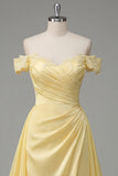 Butter Yellow A Line Off The Shoulder Ruched Appliqued Prom Dress with Slit