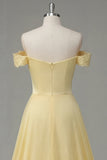 Butter Yellow A Line Off The Shoulder Ruched Appliqued Prom Dress with Slit