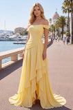 Ruffled Butter Yellow A Line Ruched Off The Shoulder Long Prom Dress with Slit