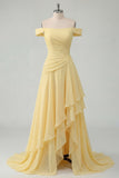 Ruffled Butter Yellow A Line Ruched Off The Shoulder Long Prom Dress with Slit