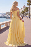 Ruffled Butter Yellow A Line Ruched Off The Shoulder Long Prom Dress with Slit