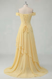 Ruffled Butter Yellow A Line Ruched Off The Shoulder Long Prom Dress with Slit