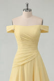 Ruffled Butter Yellow A Line Ruched Off The Shoulder Long Prom Dress with Slit