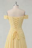 Ruffled Butter Yellow A Line Ruched Off The Shoulder Long Prom Dress with Slit