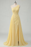 One Shoulder Butter Yellow A Line Ruched Side Cape Prom Dress with Slit
