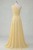 One Shoulder Butter Yellow A Line Ruched Side Cape Prom Dress with Slit