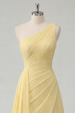 One Shoulder Butter Yellow A Line Ruched Side Cape Prom Dress with Slit