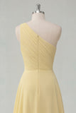 One Shoulder Butter Yellow A Line Ruched Side Cape Prom Dress with Slit