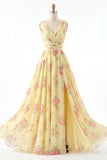 Floral V-Neck Yellow Prom Dress with Slit