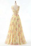 Floral V-Neck Yellow Prom Dress with Slit