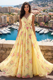 Floral V-Neck Yellow Prom Dress with Slit
