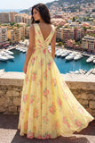 Floral V-Neck Yellow Prom Dress with Slit