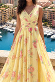 Floral V-Neck Yellow Prom Dress with Slit