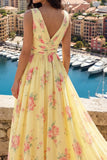 Floral V-Neck Yellow Prom Dress with Slit