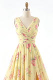 Floral V-Neck Yellow Prom Dress with Slit